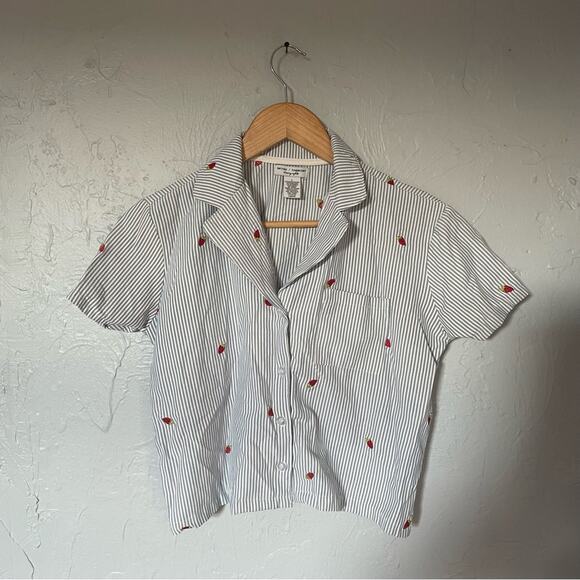 Blue and White Striped Button-Up Pajama Shirt with Strawberries size Large - Picture 1 of 6